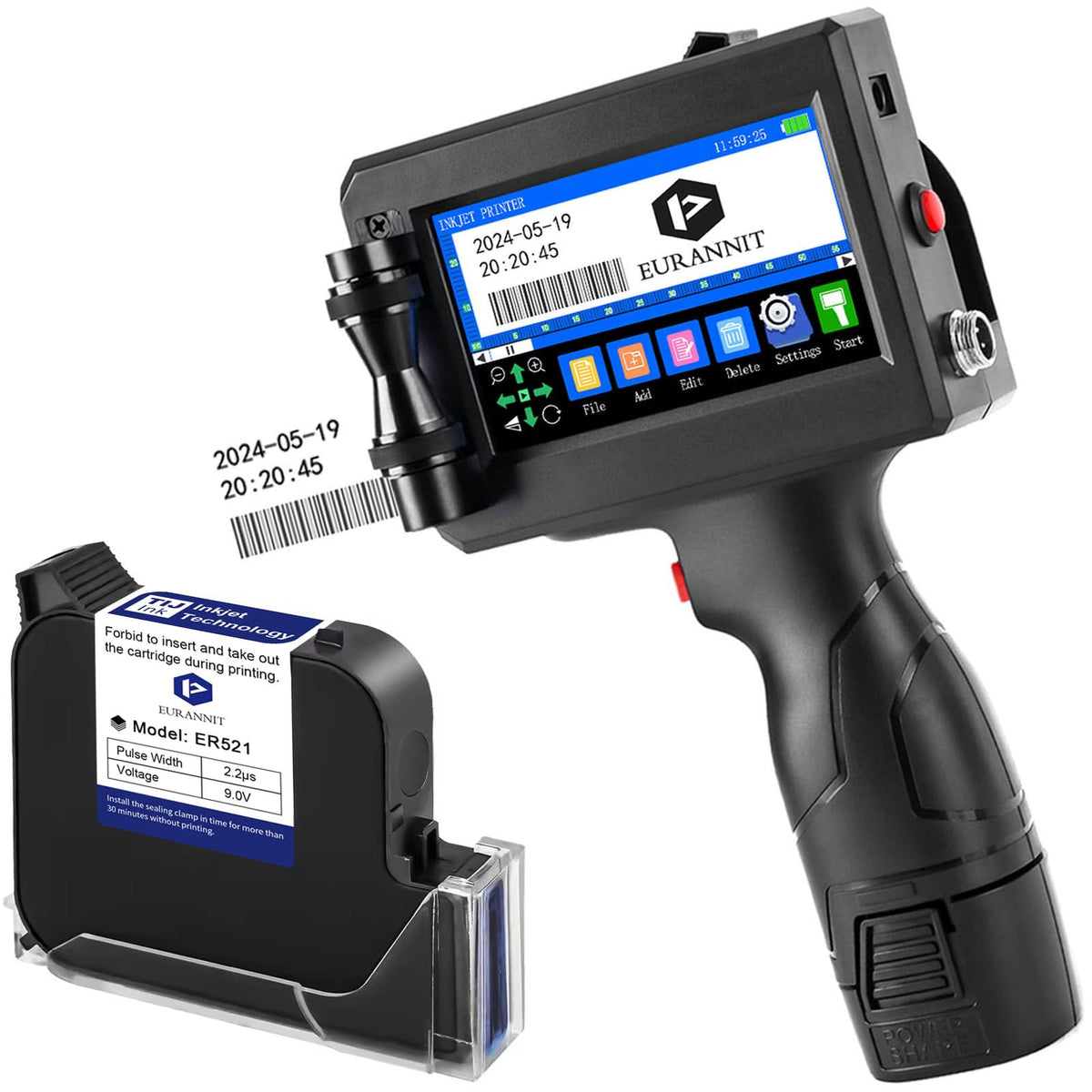 Eurannit Handheld Inkjet Printer 1 in, E15-1 Portable Handheld Printers with ER521 Black Ink Cartridge, Handheld Inkjet Printer Gun for Text QR Barcode Batch Number Logo Date Label Printer