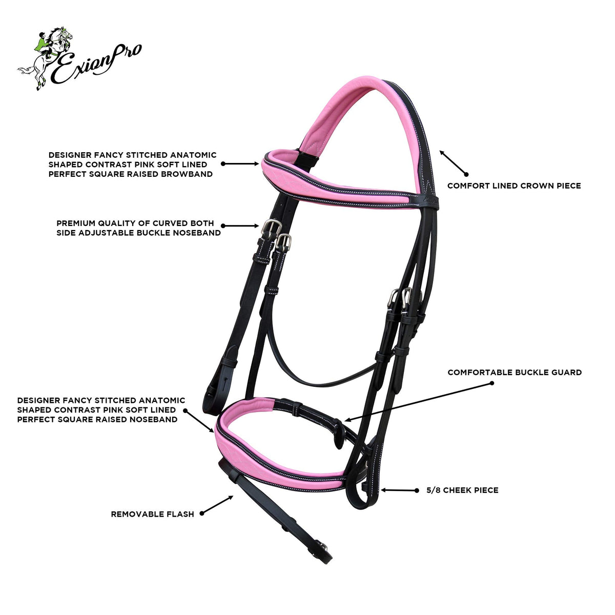 Exion Pink English Bridle for Horses | Anatomic Snaffle Noseband & Browband Jumping English Bridle with Flash | Royal English Bridle