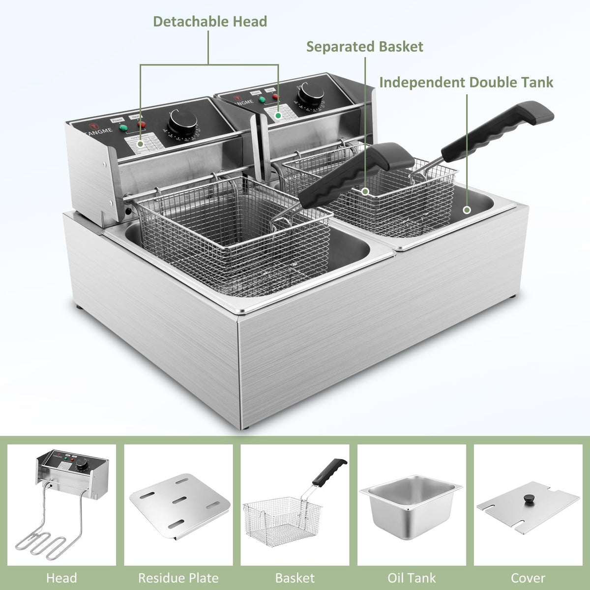 Commercial Deep Fryer, 3400W Electric Deep Fryers with 2x6.35QT Baskets Thickened Stainless Steel Countertop Oil Fryer 20.7QT Large Capacity with Lids Temperature Controller (12L)