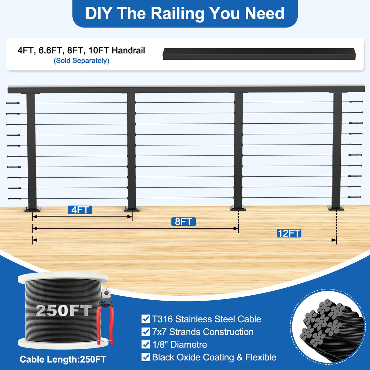 PLANTOP 12-20FT Complete Set 36" Cable Railing Post Kit(35"x2"x2"), 4pcs Stainless Steel Black Flat Top Surface Mount Level Posts,1/8" Wire Rope(No Handrail),Swageless Cable Railing System Kit,MY07-LP