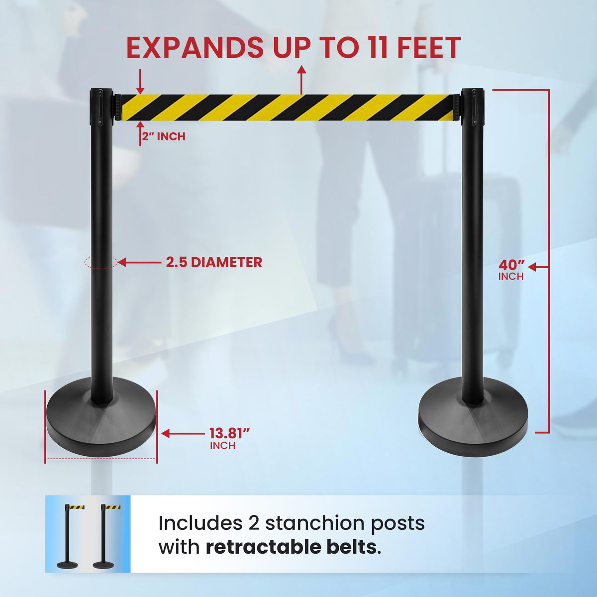Crowd Control Warehouse Set of 2 Stanchion Retractable Belt Barriers, 11 Foot Black & Yellow Belt Barrier with 40” Black Posts, Premium Barriers with Heavy Duty Concrete Base, CCW Series RBB-100