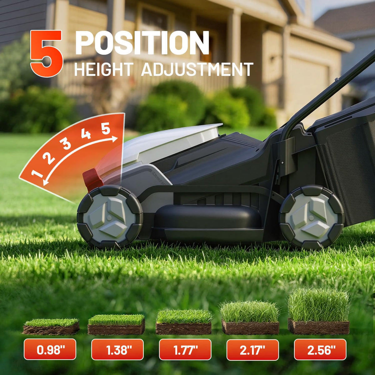 Litheli 14 Inch Cordless Lawn Mower, Brushless Battery Powered Push Mower with 5.0Ah Battery, 5-Position Height, 9-Gallon Bag, Lightweight Grass Cutter for Small to Mid-Sized Yards