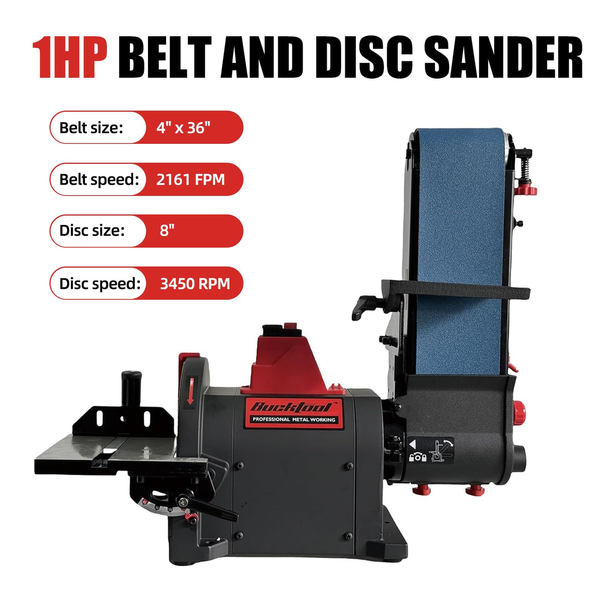 BUCKTOOL Pro 1HP Bench Belt Sander for Metal Working, 4 x 36 in Belt and 8 in Disc Sander with 1HP Direct-drive Motor, Benchtop for Metalworking, BD4801-M