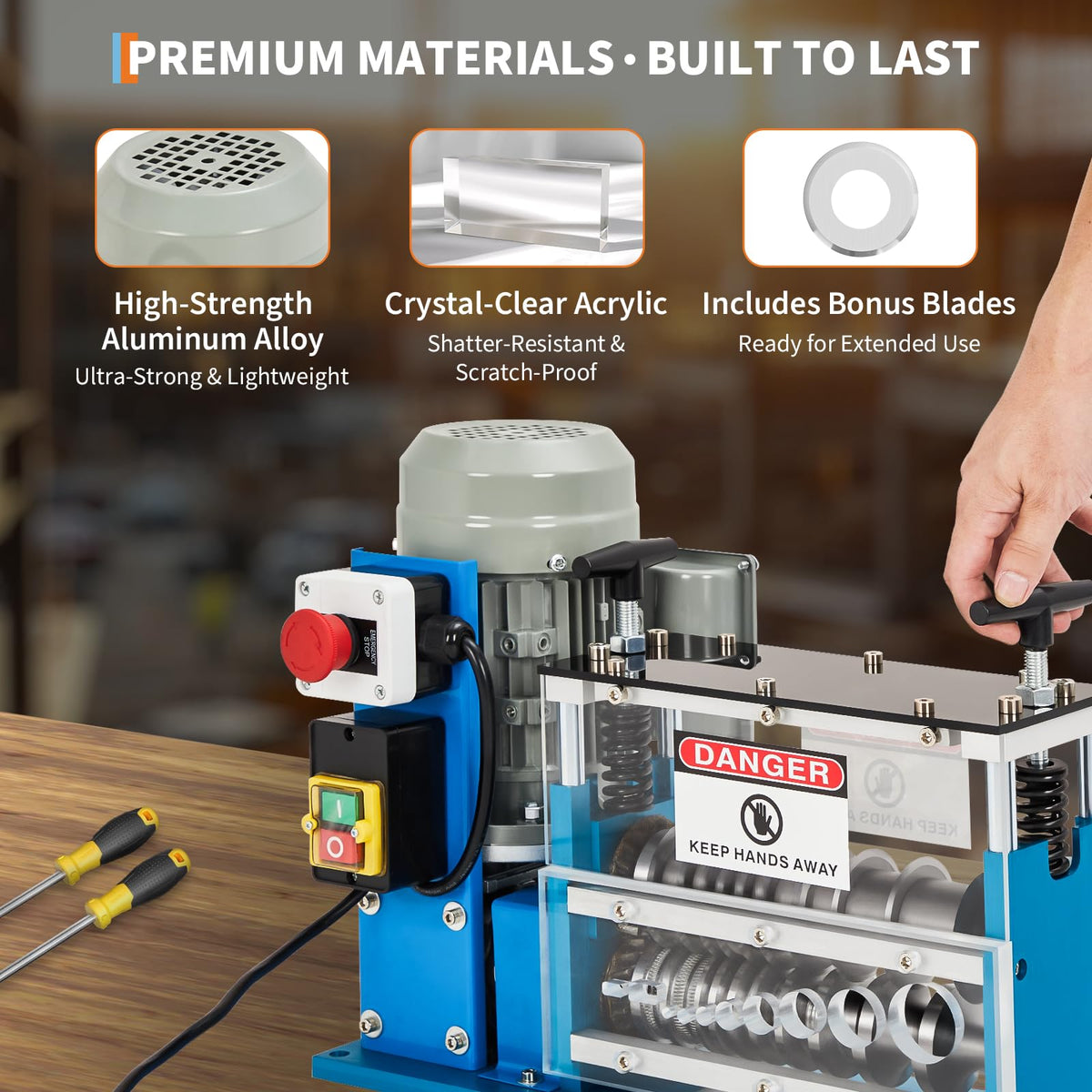 370W Electric Wire Stripper Machine, Automatic Copper Cable Stripper with 0.06"-1.5" Range, 10 Channels, 10 Blades, Transparent Panel, Manual Hand Crank Option for Copper Cable Recycling