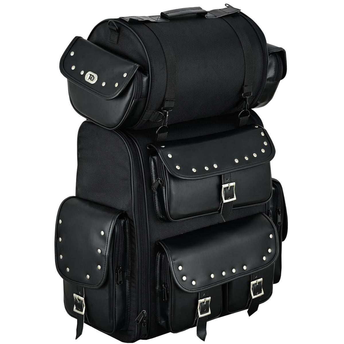 Vance Leathers Large Studded 2 Piece Sissy Bar Bag - Motorcycle Luggage with Multiple Storage Pockets & Removeable Rain Cover