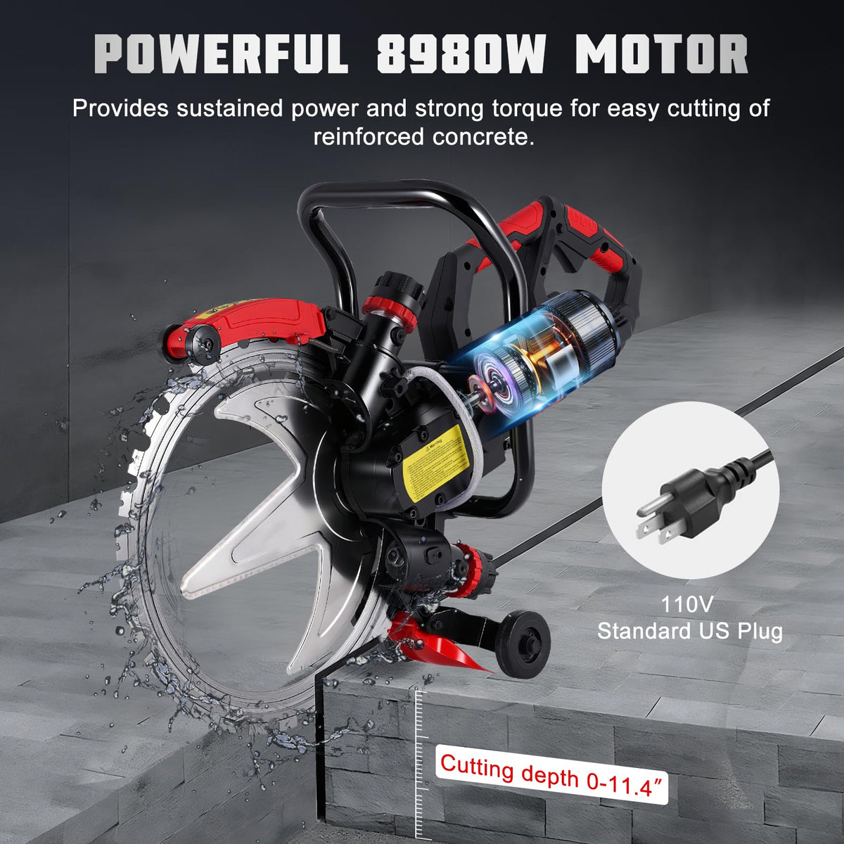 16" Concrete Ring Saw 8980W/110V Toroidal Electric ConcreteSaw Concrete Cutter Max Cutting Depth 11.4" With 2 Saw Blades & Wet Cutting System for Concrete, Bricks, Rebar and Marble (8980W)