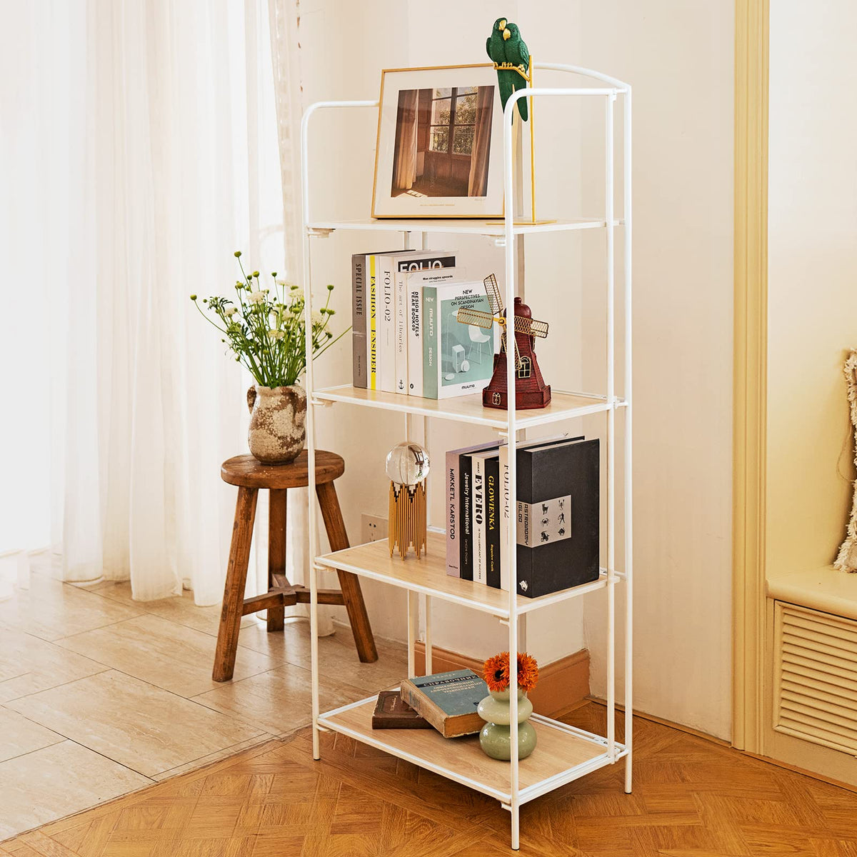 Crofy No Assembly Folding Bookshelf for Living Room, 4 Tier White Collapsible Book Shelf for Home Office, Portable Bookcase Storage Organizer