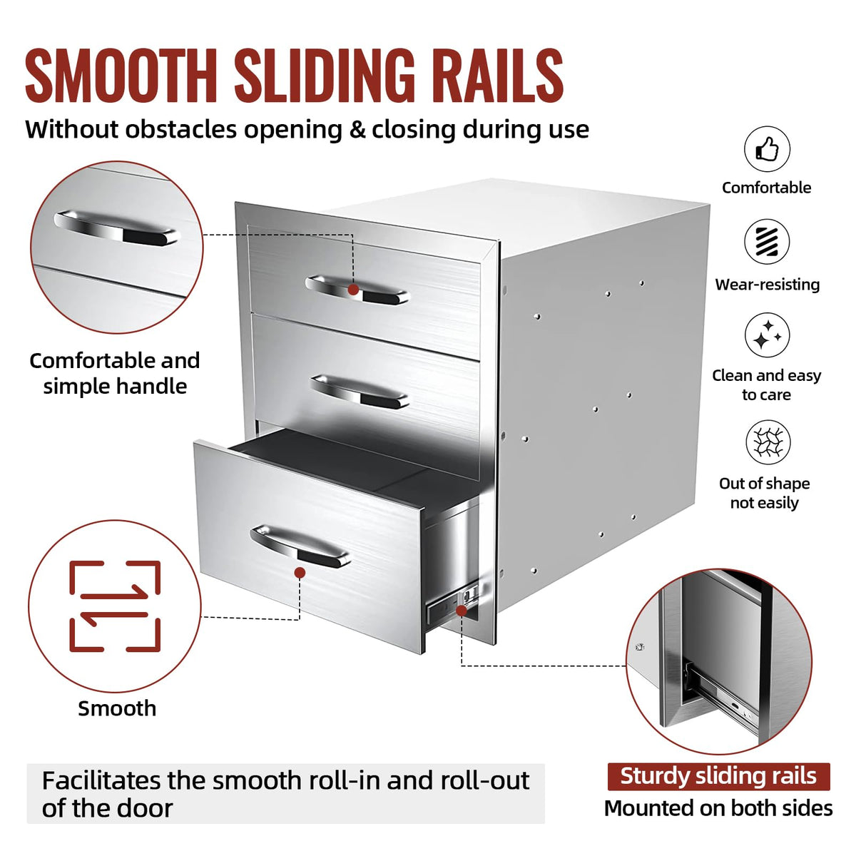 Migoda Outdoor Kitchen Drawers Stainless Steel, BBQ Drawer Inserts for Built-in Patio Grill Station, Triple Drawer, 16''W x 21''H x 23''D