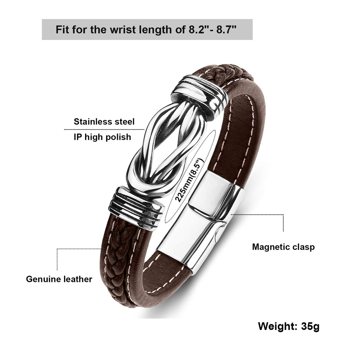 LJWVX Mens Leather Bracelet,Braided Leather Wristband Cuff Bracelets Stainless Steel Clasp,Jewellery Gift for Men Brown 8.5inch