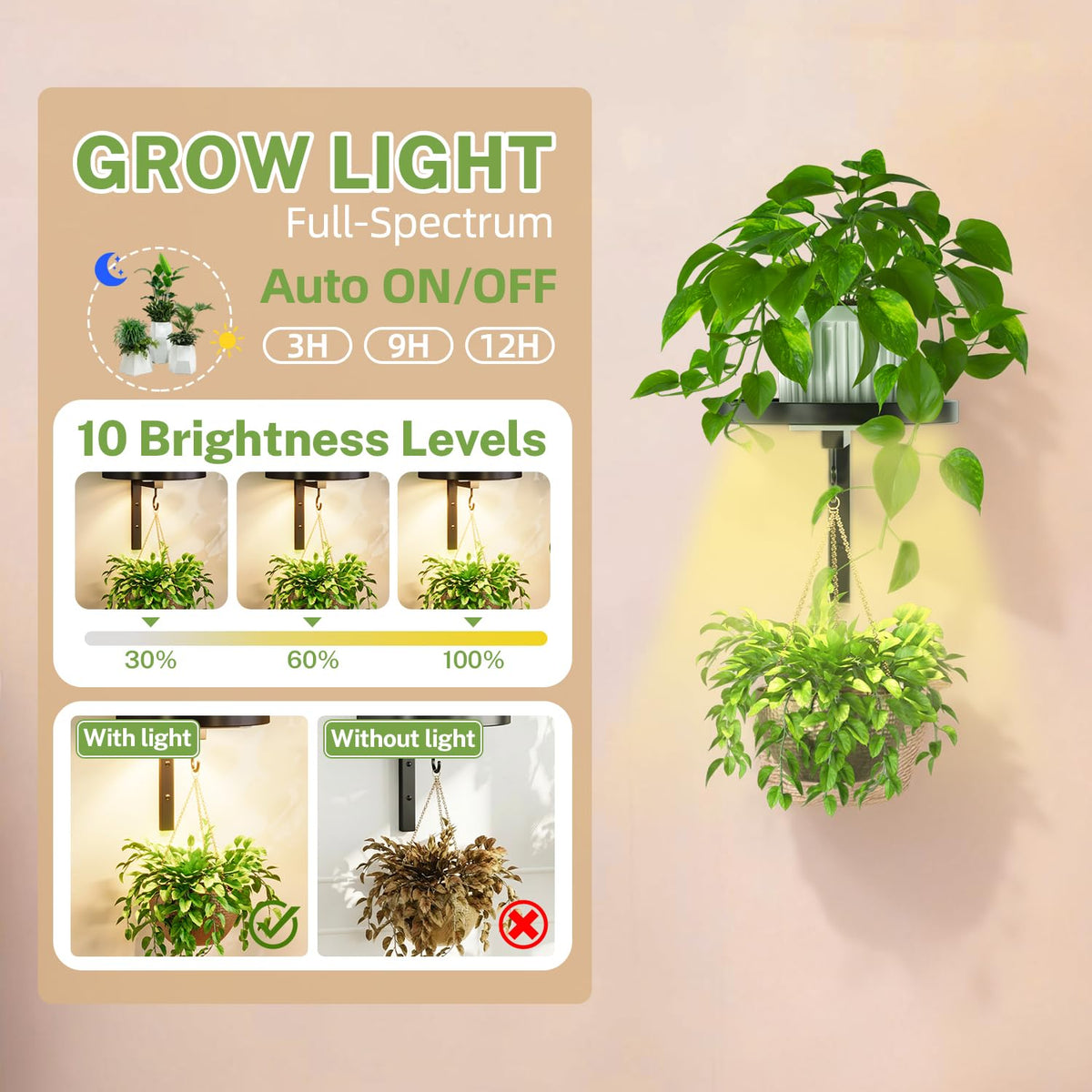 iDavosic.ly Wall Plant Holder with Grow Lights Set of 2 for Indoor Outdoor, Metal Hanger with 2 Hooks, Floating Flower Display Stand for Window, Space Saving & Easy to Assemble (Pots Not Included)