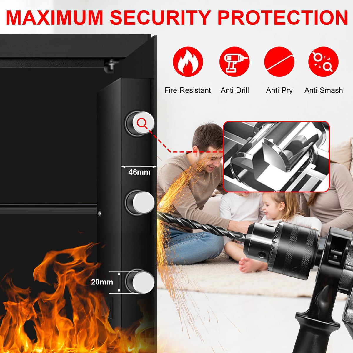 3.3 Cuft Large Home Safes Water and Fireproof, Anti-theft Floor Safe for Home Use with Programmable Keypad, Alarm System and Spare Keys, Digital Home Safe Box for Valuables, Medicine