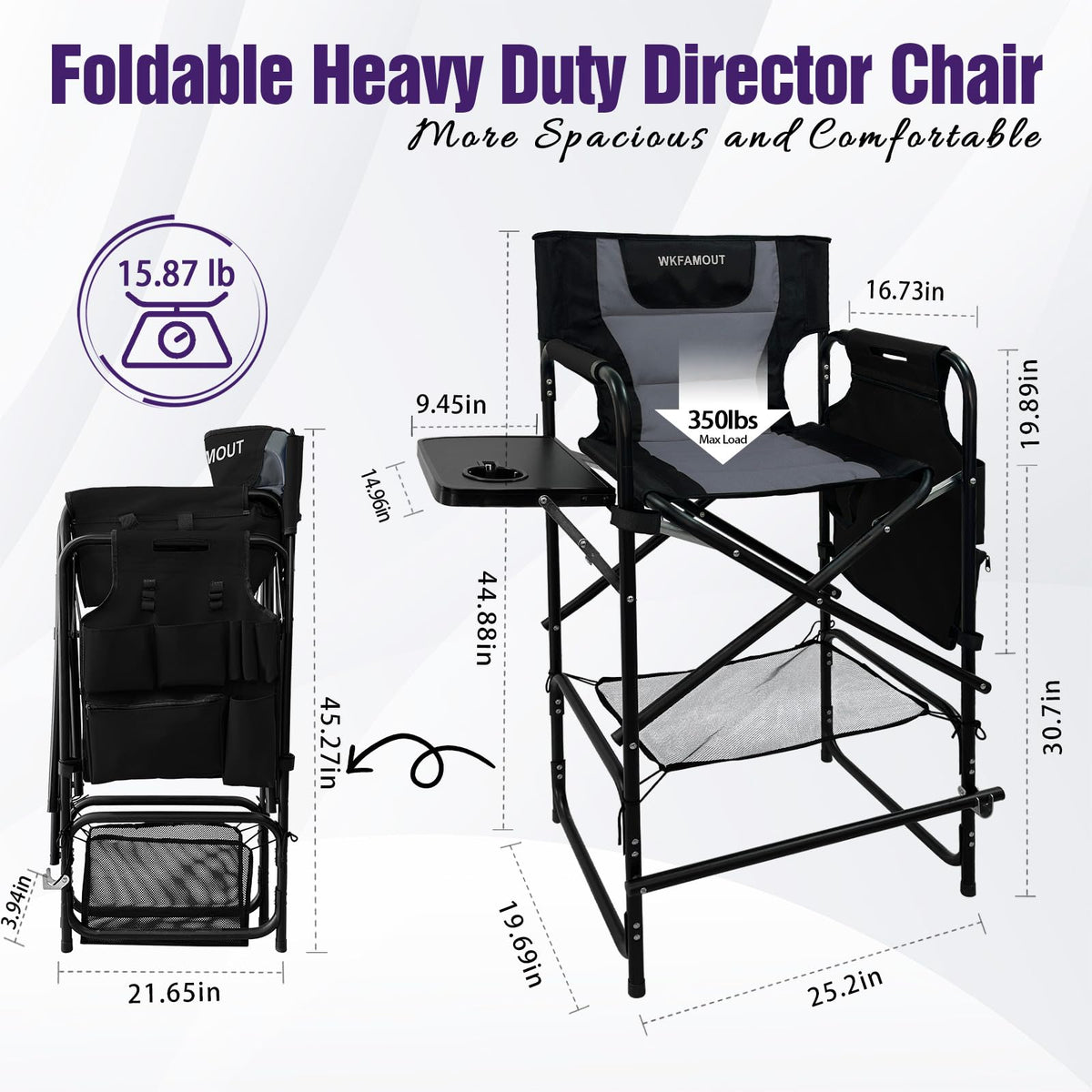 WKFAMOUT Tall Folding Directors Chair with Side Table 30.71" Seat Height Foldable Camping Chair Bar Stool for Makeup Artist Face Painting with Footrest and Storage Pocket Supports 350LBS