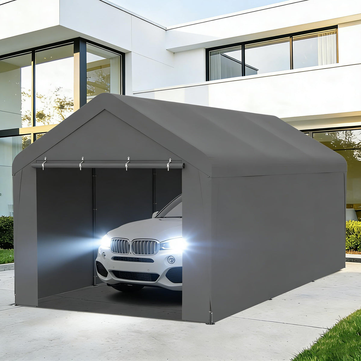 Carport 10 x 20 FT Heavy Duty, Portable Garage Canopy, Waterproof Car Canopy with Side-Opening Removable Door, Carport Canopy for Car, Truck, Boat, Equipment (Grey)