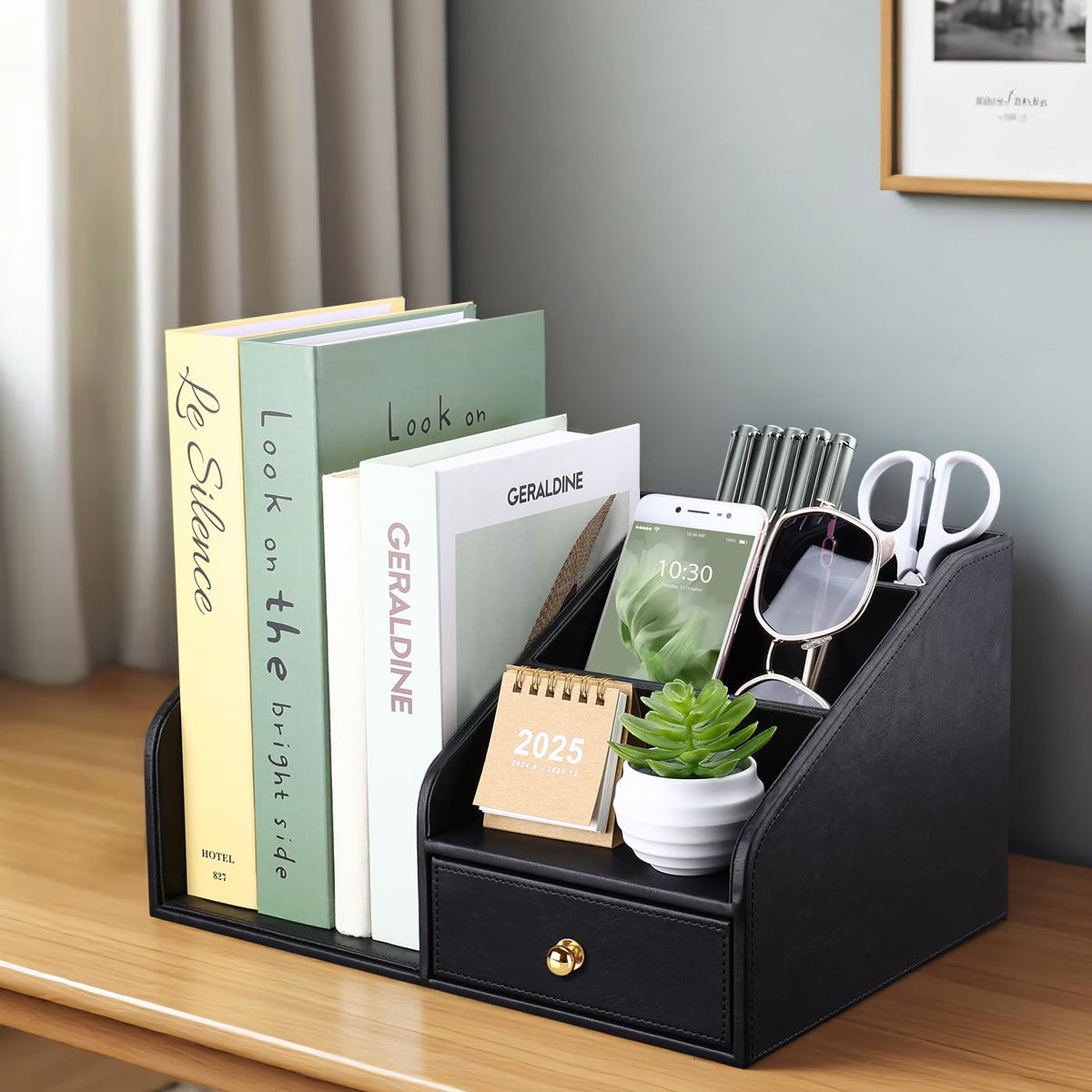 GORESE PU Leather Desk Organizer, File Organizer with Drawer and 4 Compartments, Desktop Organization with Magazine file Holder for Office Supplies, Elegant Gift for Men Who Have Everything, Black