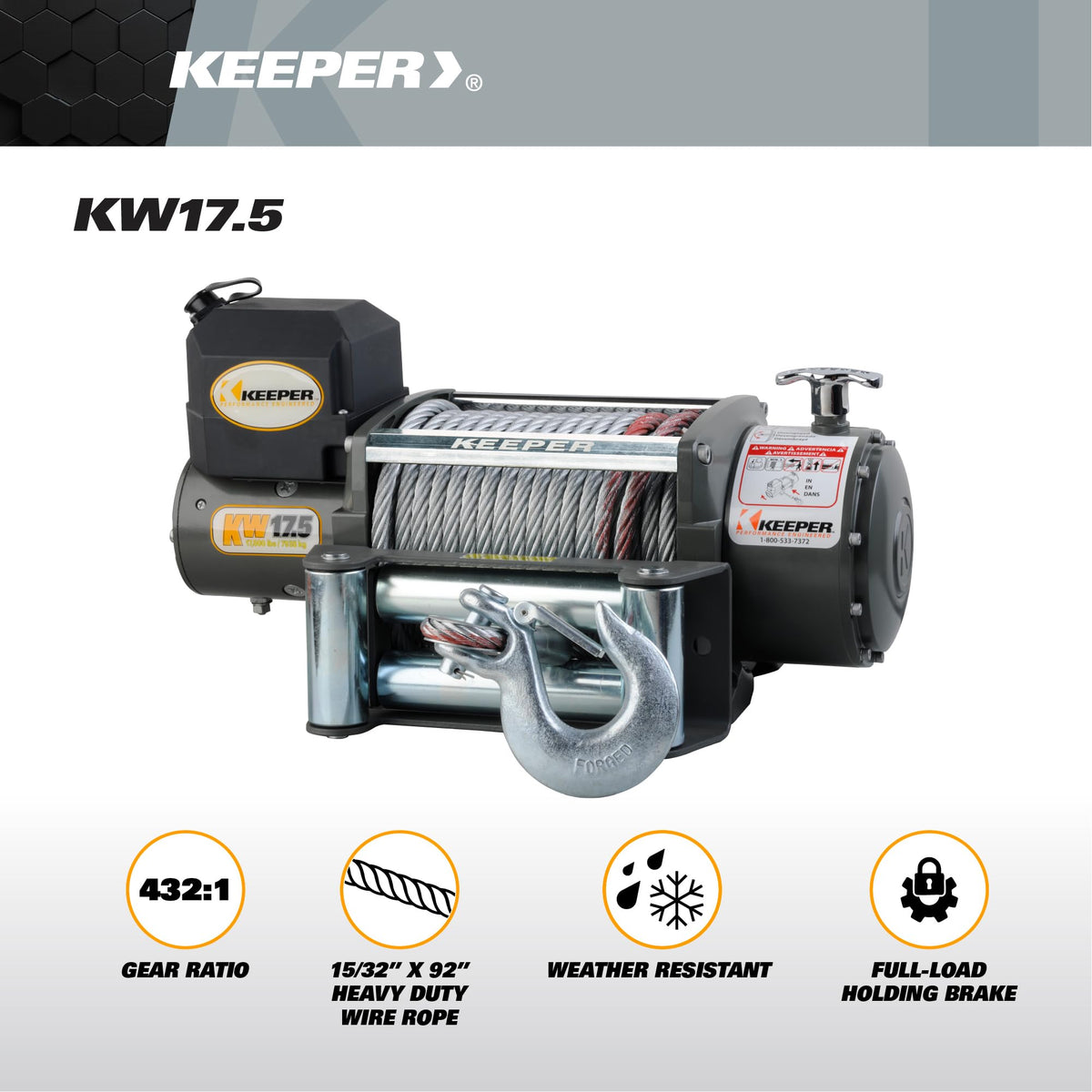 KEEPER KW 17.5 Electric Winch 17,500 lb 12V DC with Wireless Remote, Heavy-Duty Single Line Pull for Trucks, Jeeps, and SUVs, High-Performance Recovery Winch with Weather-Resistant Steel Cable