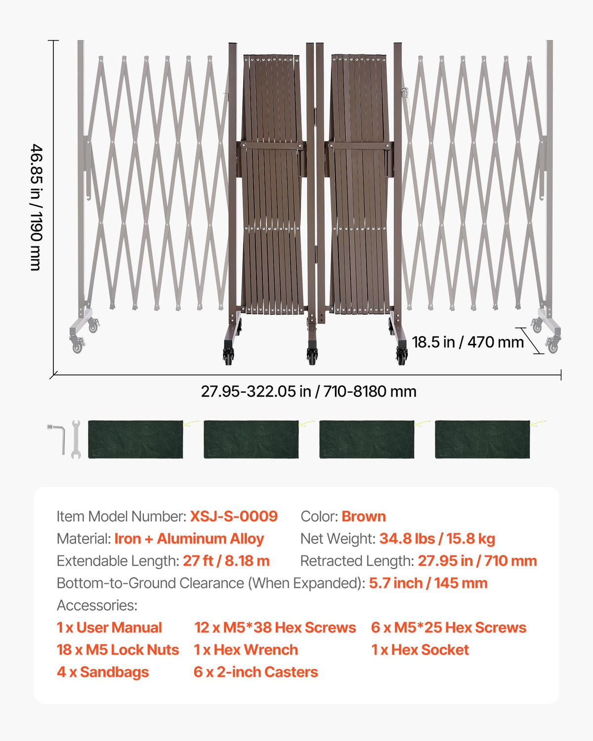 VEVOR Double Expandable Barricades, 27FT Expandable Safety Barrier, 0-180° Rotatable Mobile Barricade with Locking Casters, Portable Folding Security Gate Traffic Fence for Patio Garden Stairway