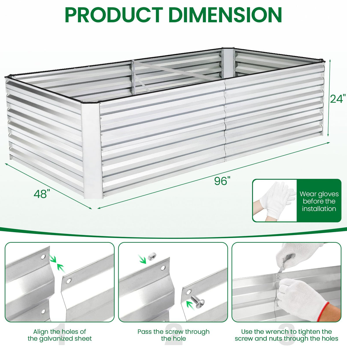 6x3x2FT Raised Garden Bed Kit, Galvanized Planter Raised Garden Boxes Outdoor w/Anti Cutting Strip & A pair of gloves, Deep Root Raised Planter for Vegetables, Fruits, Flowers and Herbs, Silver