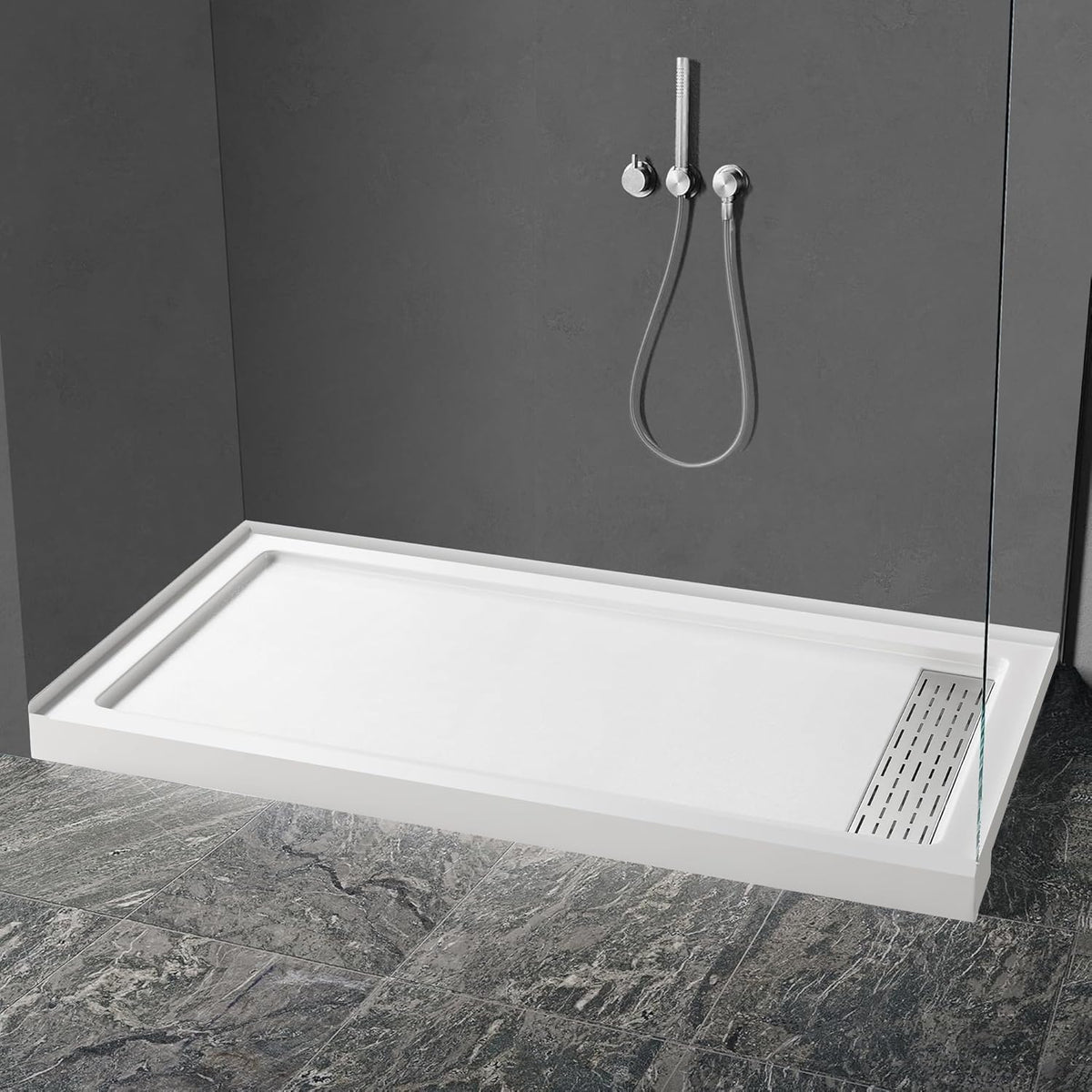 MORVANO Shower Base 60" x 32" Right Drain, Shower Pan Kit With Stainless Steel Cover, Non-Slip Acrylic in White, Brush Nickel for Bathroom