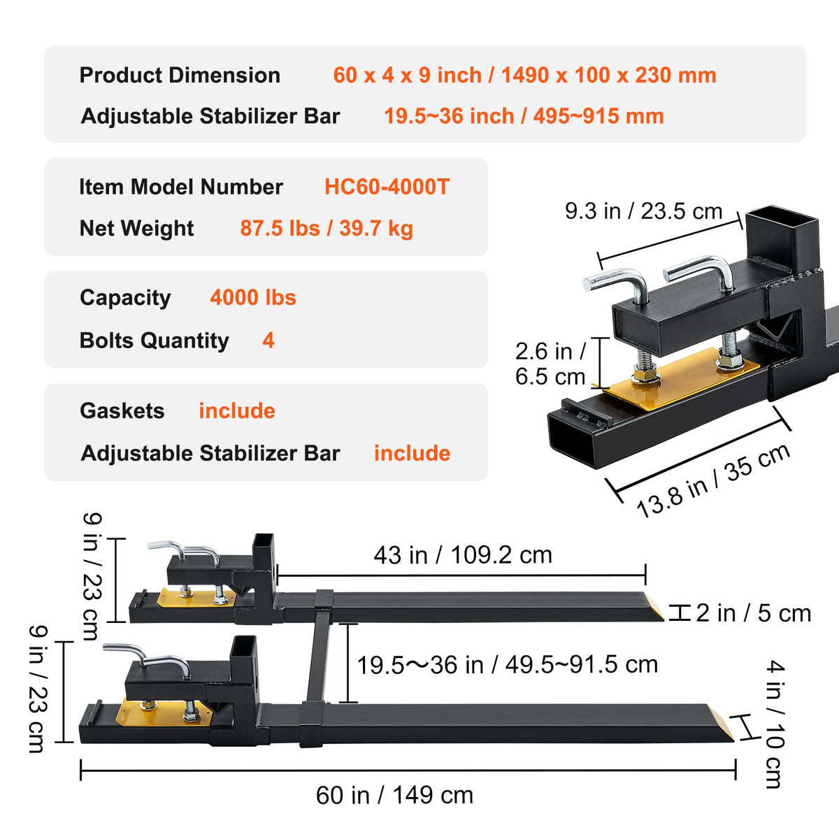 VEVOR Pallet Forks, 4000 lbs Clamp on Pallet Forks, 60" Total Length Heavy Duty Pallet Forks with Adjustable Stabilizer Bar, Tractor Bucket Forks for Loader Bucket Skid Steer Tractor