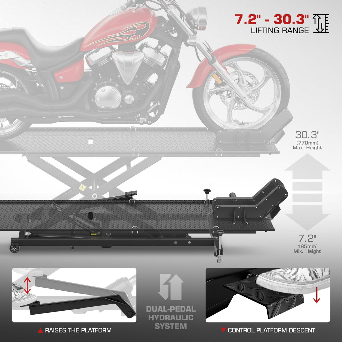 DNA Motoring Motorcycle Lift Table 1000lbs Capacity Motorcycle Support Stand L 86.2in x W 22in Motorcycle Lift Jack Lifting Range 7.2-30.3in Black TOOLS-00780