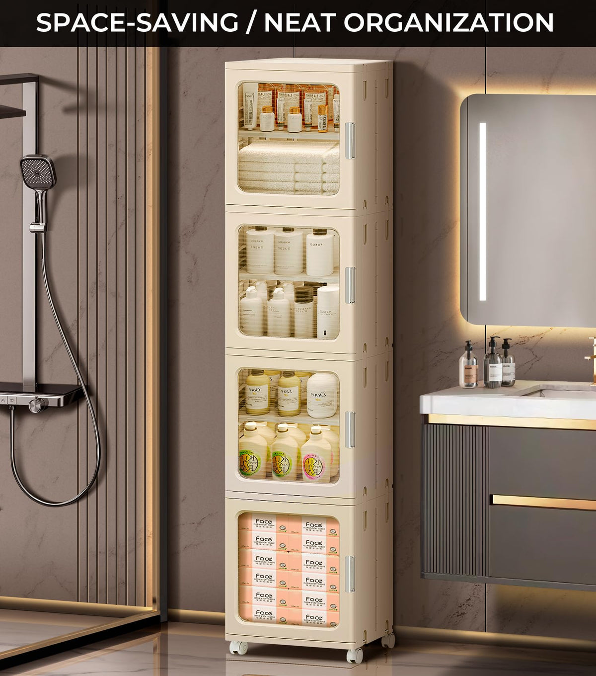 BUMODEL 4-Tier White Slim Storage Cabinet and 4-Tier Beige Slim Storage Cabinet with Doors and Adjustable Shelves