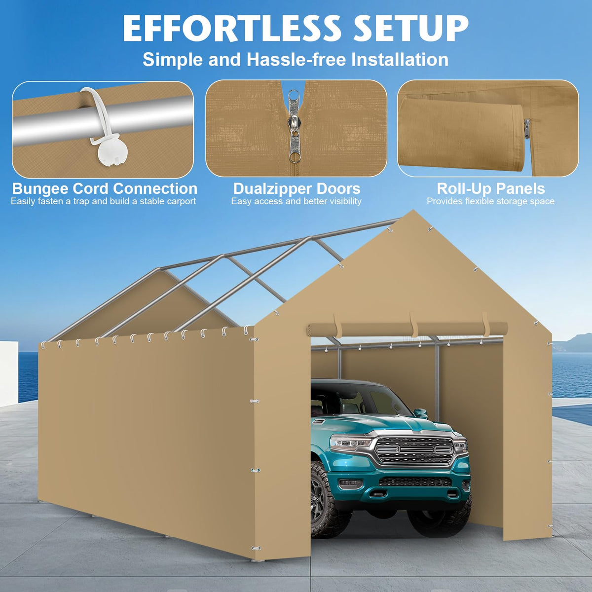 Carport Canopy Tent Sidewalls for 10x20x8.6FT Car Garage with Ball Bungees, Heavy Duty Portable Shelter Logic Replacement Covers (Frame is not Included) (Khaki)