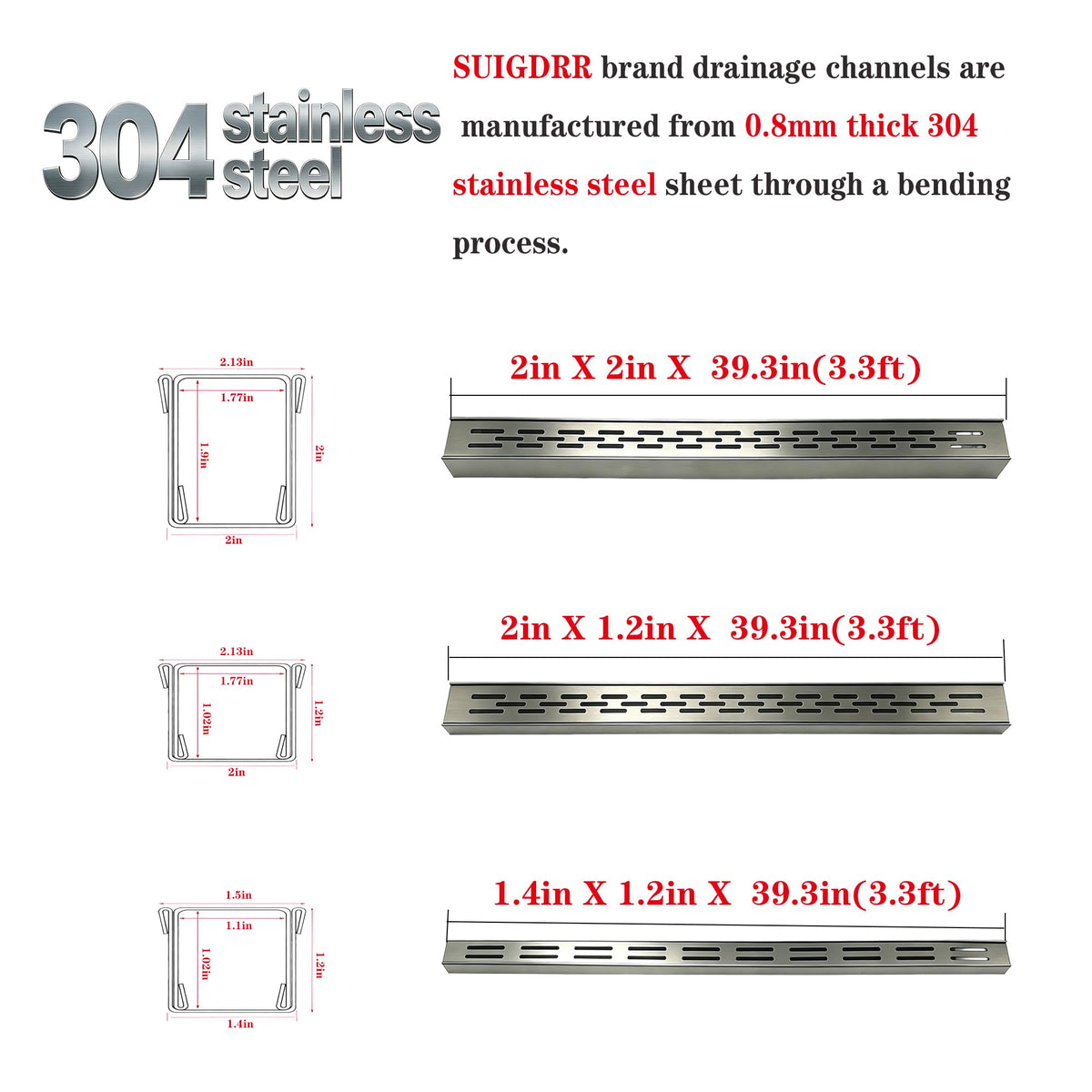 304 Stainless Steel Trench Drain Kit,Narrow Channel Drain with Grate & Coupling, Outdoor Drainage for Pool Deck/Yard/Driveway/Garage (19.6FT-2IN X 1.2IN)