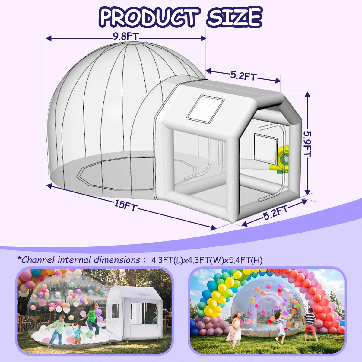 10ft Inflatable Bubble House Dome with Tunnel for Kids, Clear TPU Balloon Tent for Parties, Includes 450W Air Blower & 600W Air Pump