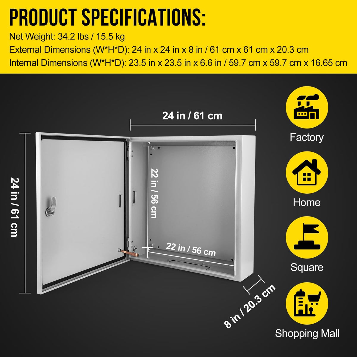 Outdoor Electrical Box,24 x 24 x8 NEMA 4X Steel Junction Box,IP66 Waterproof & Dustproof Electrical Enclosure Box,Outdoor/Indoor Electrical Project Box with Lock & Mounting Plate
