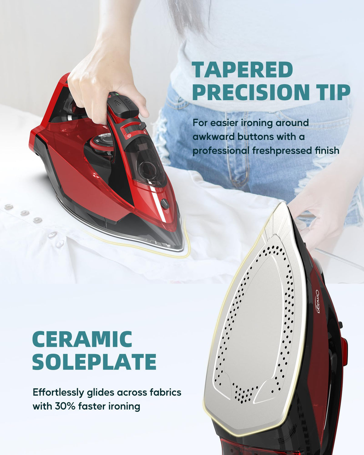 OMAIGA Cordless Iron for Clothes, 1500W Wireless Steam Iron with Ceramic Soleplate, 360 Degree Power Base, Auto Shut Off, Self-Clean, Anti-Calc, 3 Temperature Settings, 11.84oz Water Tank, Red