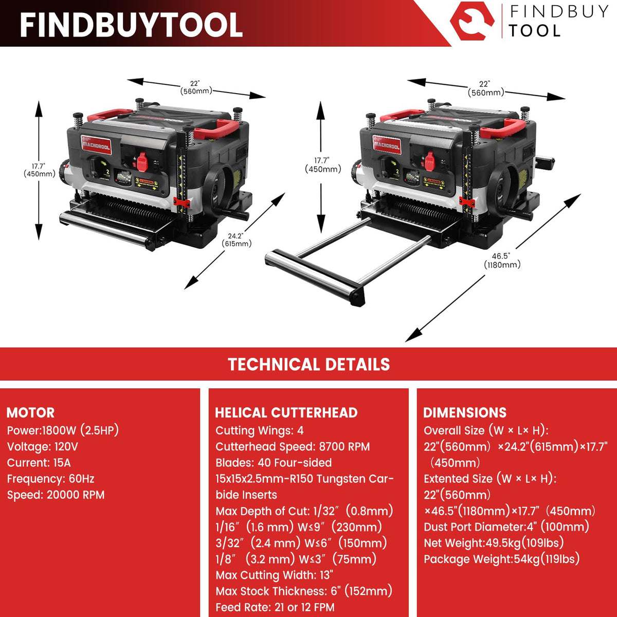 FINDBUYTOOL 13-Inch Thickness Planer with Helical Cutterhead - 2.5HP Motor, 2-Speed (21/12 FPM), 40 Carbide Inserts, Precision Depth Adjustment, Dust Port, LED Light- Professional Woodworking Tool