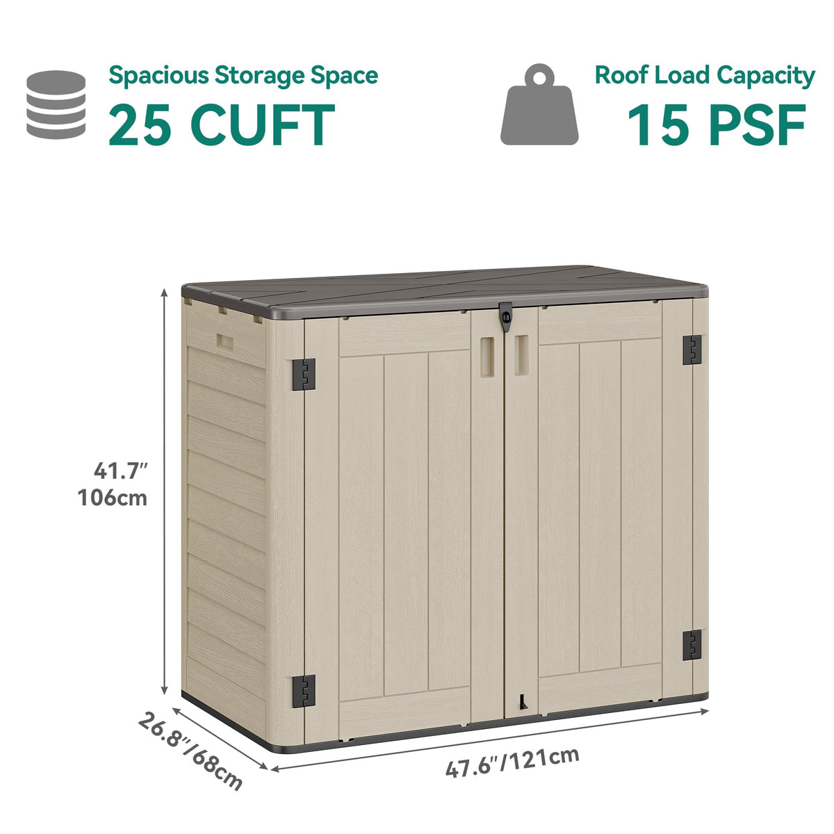 YITAHOME 30 cuft Outdoor Storage Shed w/o Shelf, Horizontal Storage Cabinet for Garden Tool, Waterproof Storage Shed Plastic for Garage, Resin Pool Storage, Easy to Assemble, Khaki & Brown