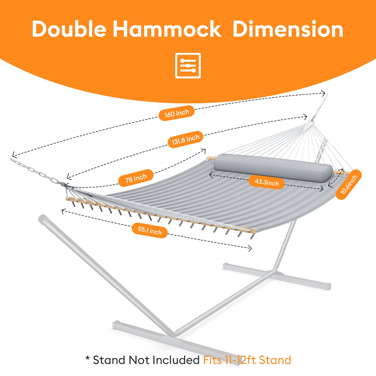 Everyfun Double Hammock with Spreader Bar & Pillow, Portable 500lbs Capacity for Outdoor, Camping, Patio, Backyard Relaxation,Gray
