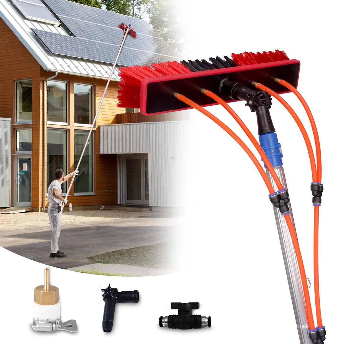 Water Fed Pole Kit Adjustable Solar Panel Cleaning Kit Cleaner Tool for Window Glass Roof Outdoor Glass Brush Window Washing Equipment (30FT)