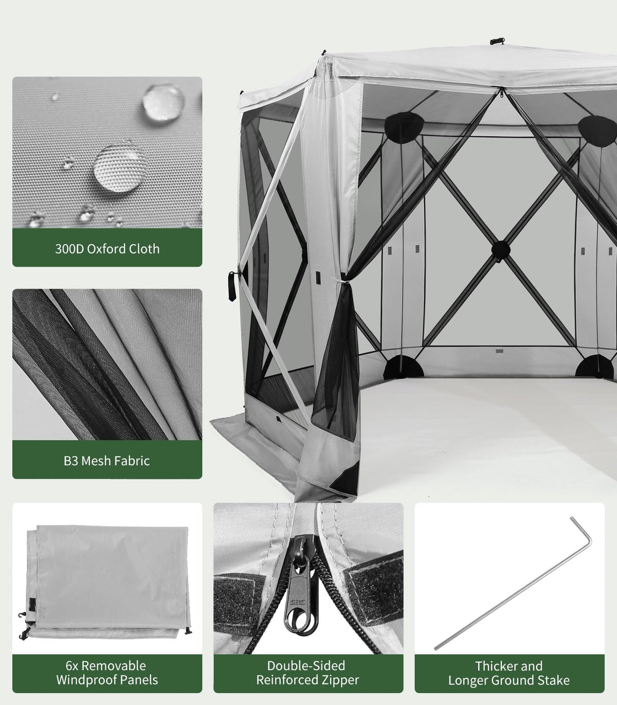Raynesys 6 Sided Pop Up Gazebo Tent, Outdoor Gazebo with 6 Removable Wind Cloths, Pop-Up Canopy Shelter with Mesh Windows, Quick Set, 12x12 Feet Space, Camping Screen Tent for 8-12 Person Foldable