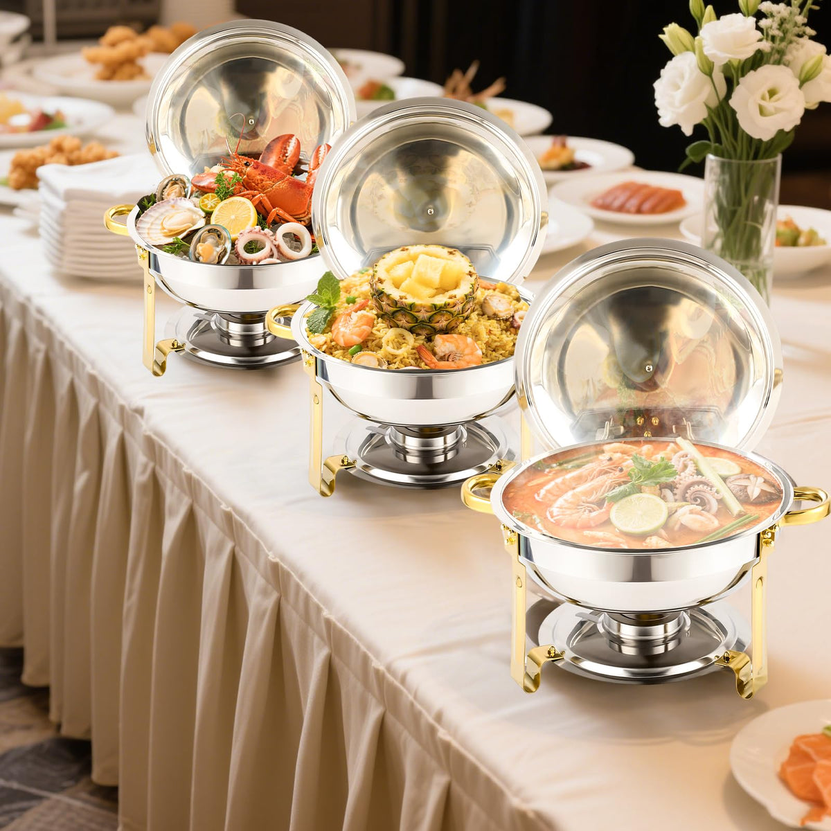 Non-Tarnish Gold Chafing Dishes for Buffet 4 Pack, 5QT Luxury Buffet Set - Scratch-Resistant & Easy-Clean Finish, Sturdy Stainless Steel Food Warmers for Catering Events and Parties