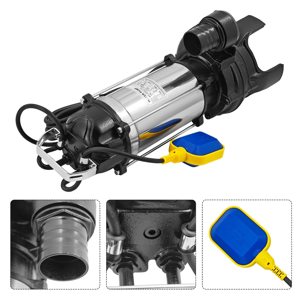 115V 1 HP 50PN2.75S 8PN Submersible Pump with Auto Float Switch 8-PN 6600GPH 110GPM Dewatering Sewage Sump Pump Stainless Steel w/ 2" 1.5" 1" Discharges 50PNA2.75S