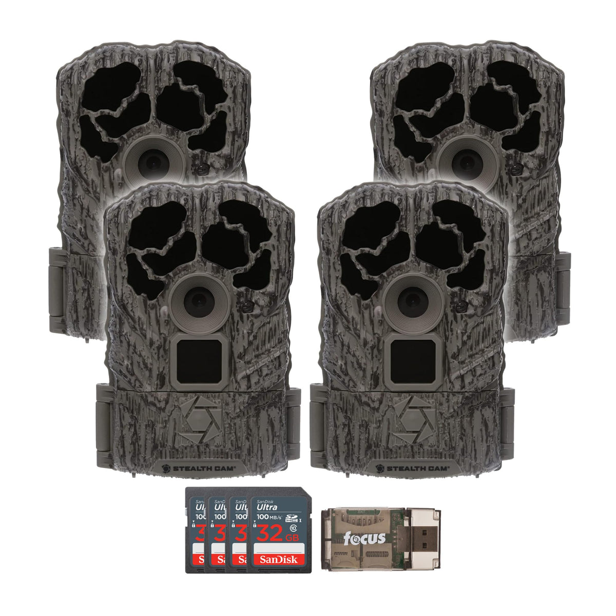 Stealth Cam Browtine 16MP, Durable, 60 Feet Infrared Detection Range, and Burst Mode Trail Camera (4-Pack) Bundle with USB 2.0 Card Reader, and Four 32GB Ultra SDHC UHS-I Memory Card (9 Items)