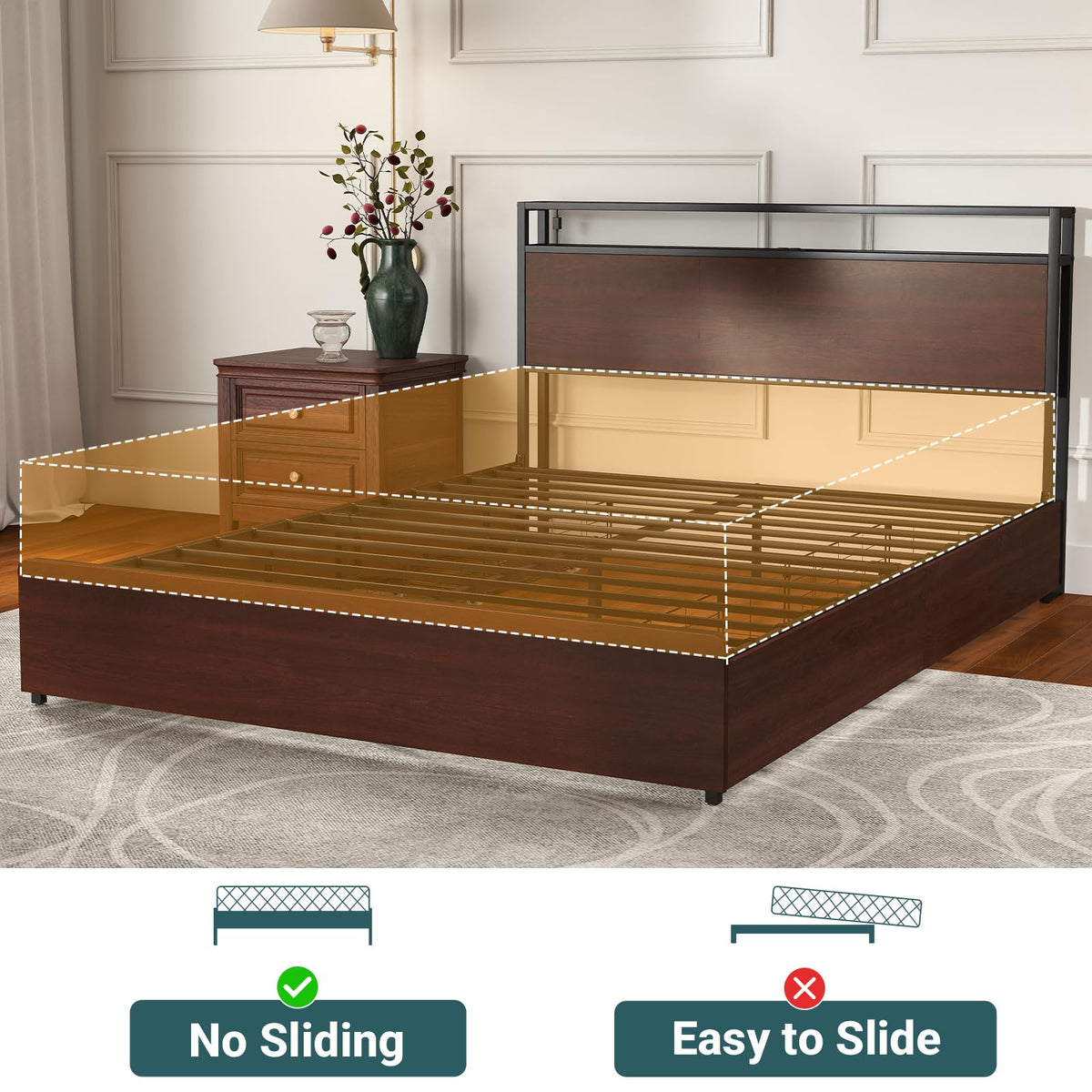 Zevemomo Full Size Bed Frame with 4 Storage Drawers, Full Platform Bed Frames with 2 Tier Storage Headboard, Charging Station, Adjustable LED Light, Noise-Free, No Box Spring Required, Reddish Brown
