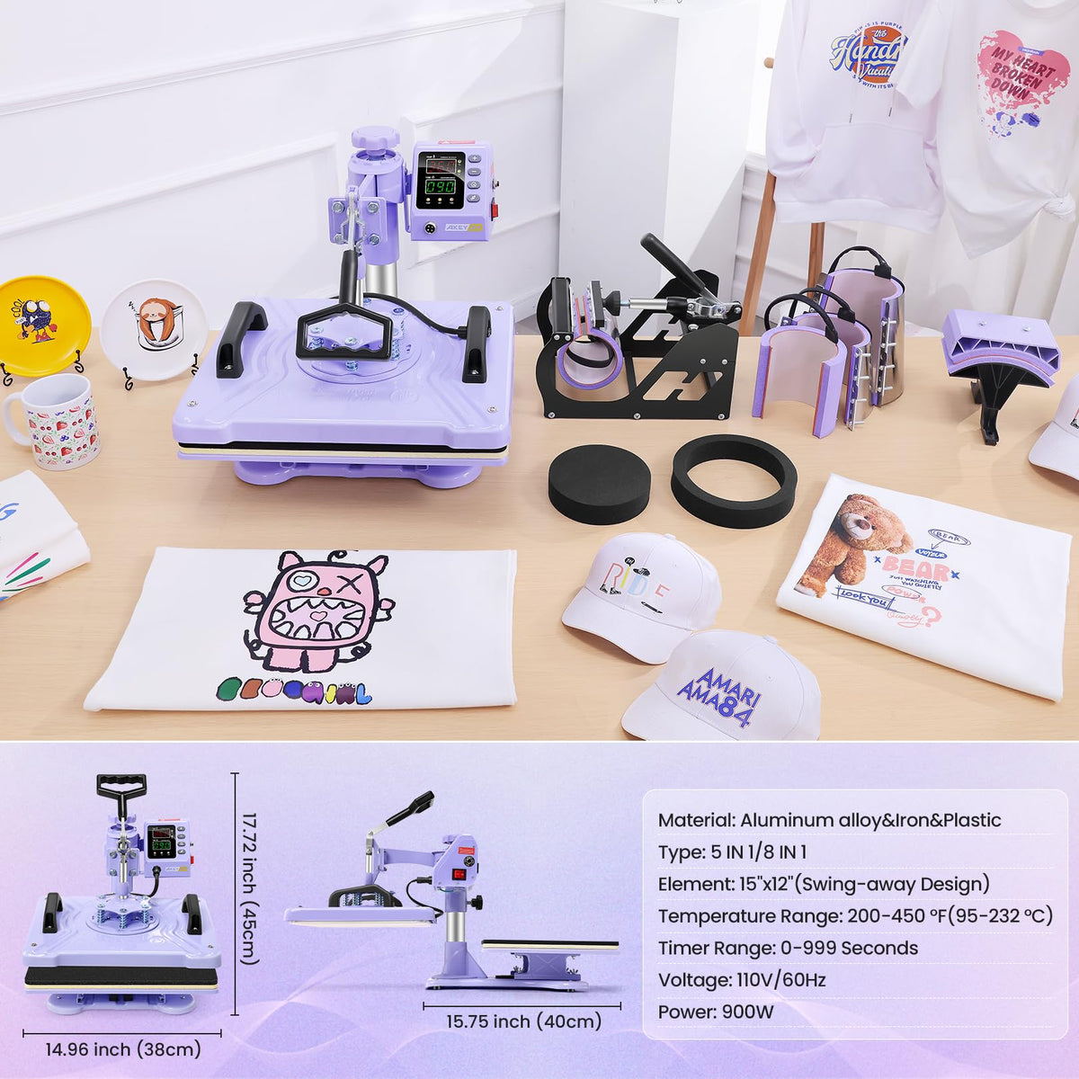 WHUBEFY Heat Press,8 in 1 Tshirt Printing Machine 15"x12" Digital Industrial Heat Transfer Machine,Sublimation Heat Press Machine for T Shirts/Mug/Cap/Plate/DIY (8 in 1 Heat Press(Purple))