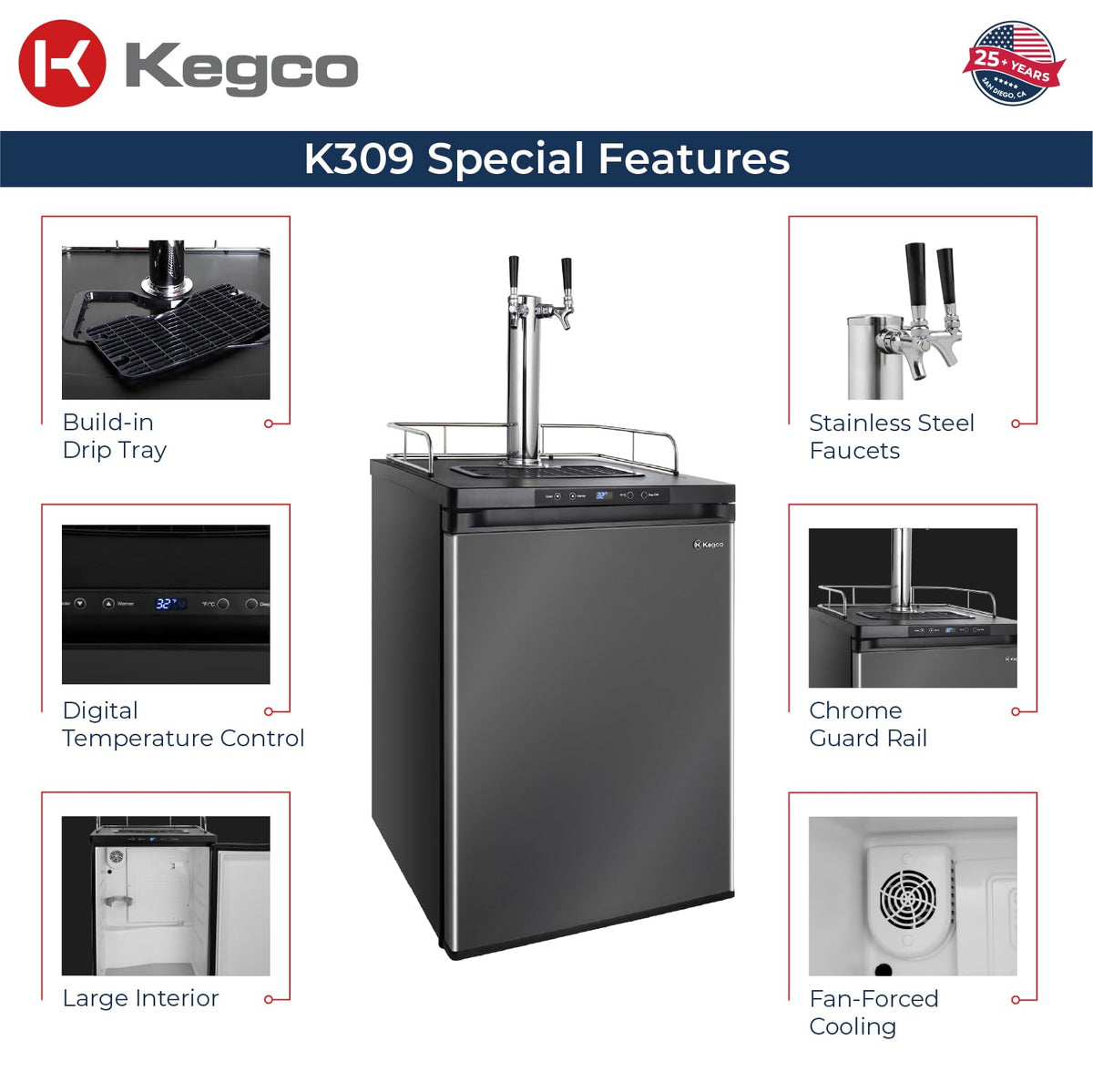 Kegco 3PK309X-2 24″ Dual-Tap Digital Homebrew Kegerator – Stainless Steel Draft Beer Refrigerator, Converts to Fridge