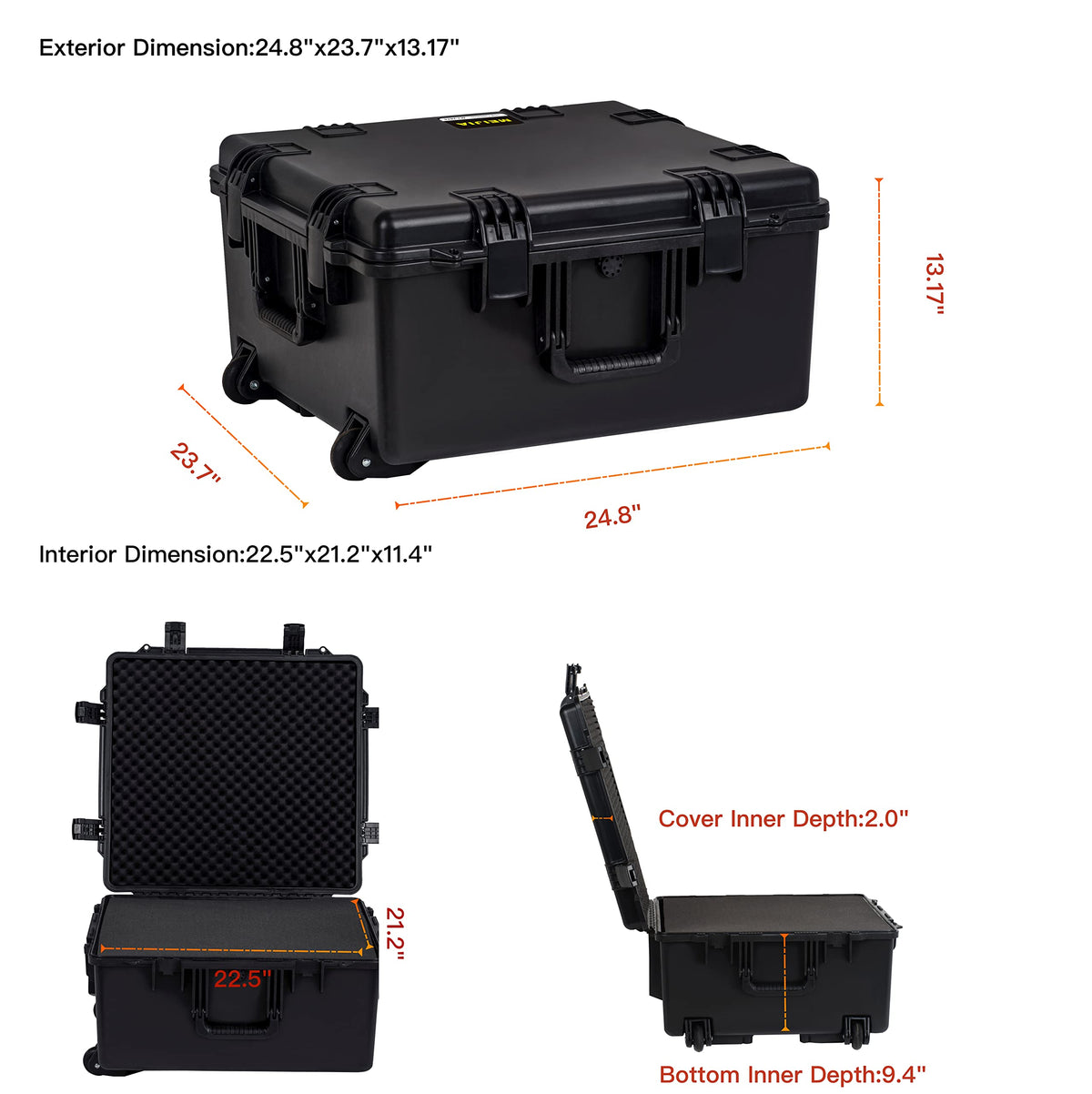 MEIJIA Portable All Weather Waterproof Hard Case, Camera Case with Customizable Fit Foam And Rolling Wheels, 24.8"X23.7"X13.17",Elegant Black