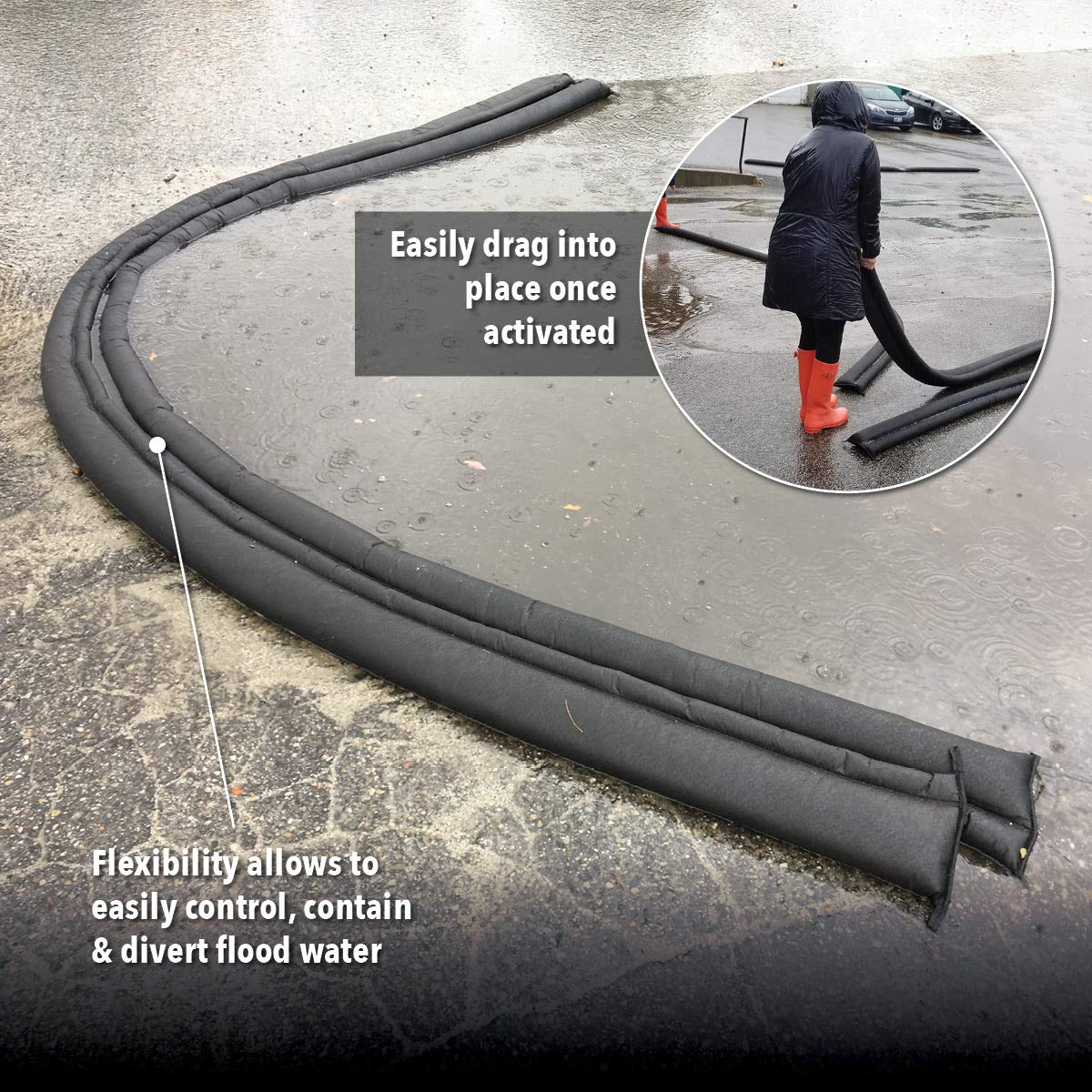 Quick Dam Water Activated 17ft Flood Barriers, Reusable Water Absorbers for Diverting Water, Protects from Rain, Spills, Leaks, Floods & More, 5 Pack