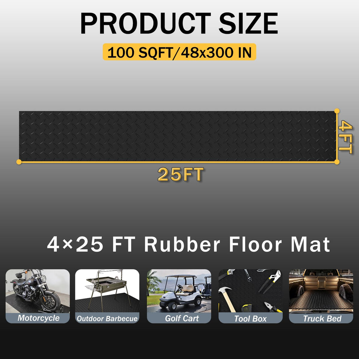StellarStar 4x25 FT Garage Floor Mat, 2.8mm Thickened PVC Diamond Plate Garage Mat with 20PCS Tapes, Rubber Flooring Rolls for Under Car, Non-Slip Rubber Motorcycle Mat for Golf Cart, Trailer, Black
