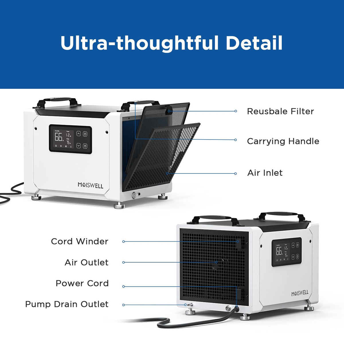 Moiswell 70 Pints Commercial Dehumidifier with Pump, Portable Crawl Space Dehumidifiers for Basement and Home, Energy Star Efficient Certified, Automatic Defrost | MOISWELL Defender ME-7S