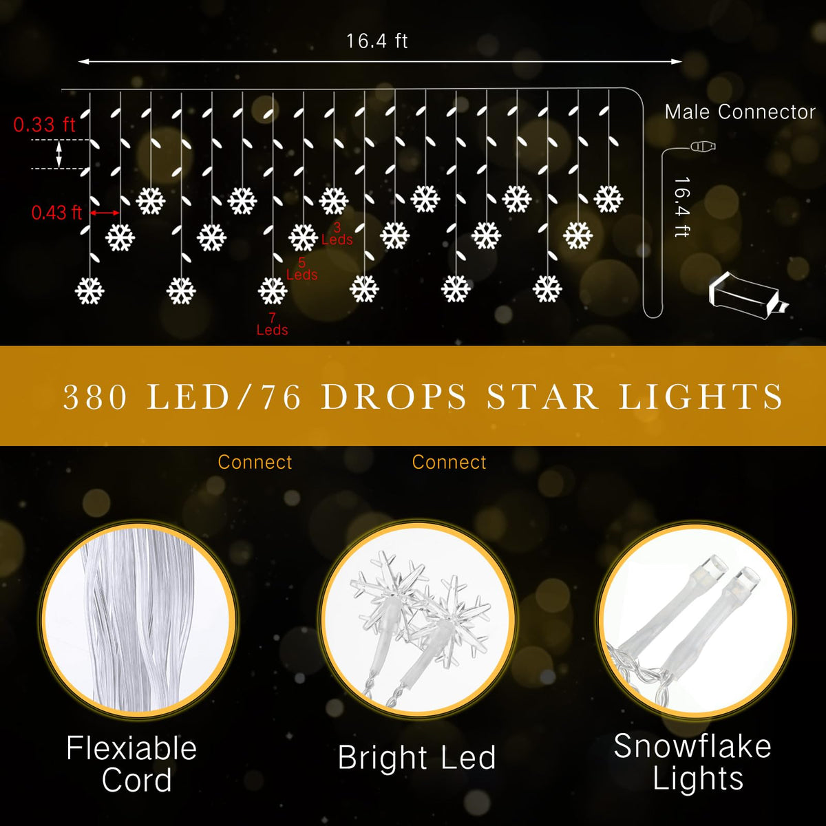 Aurelema Christmas Snowflake Icicle Lights, 33 ft Outdoor Snowflake Lights with Remote 8 Mode Waterproof 380 LEDs 76 Drops for Curtain Eaves Garden Indoor Outdoor Xmas Home Decor Wedding(Blue)