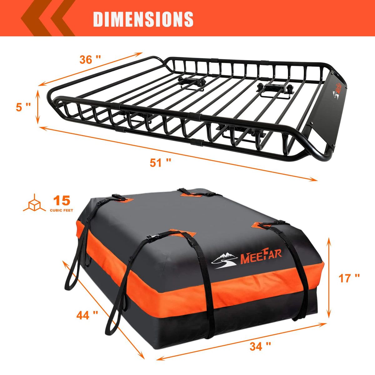 Roof Rack Carrier Carrier Basket 51"*36"*5"+Waterproof Bag 15 Cubic Feet(44"*34"*17"),and Cargo Net with Attachment Hooks,Ratchet Straps.200 Lbs Capacity,Universal Rooftop Large Size Roof Rack
