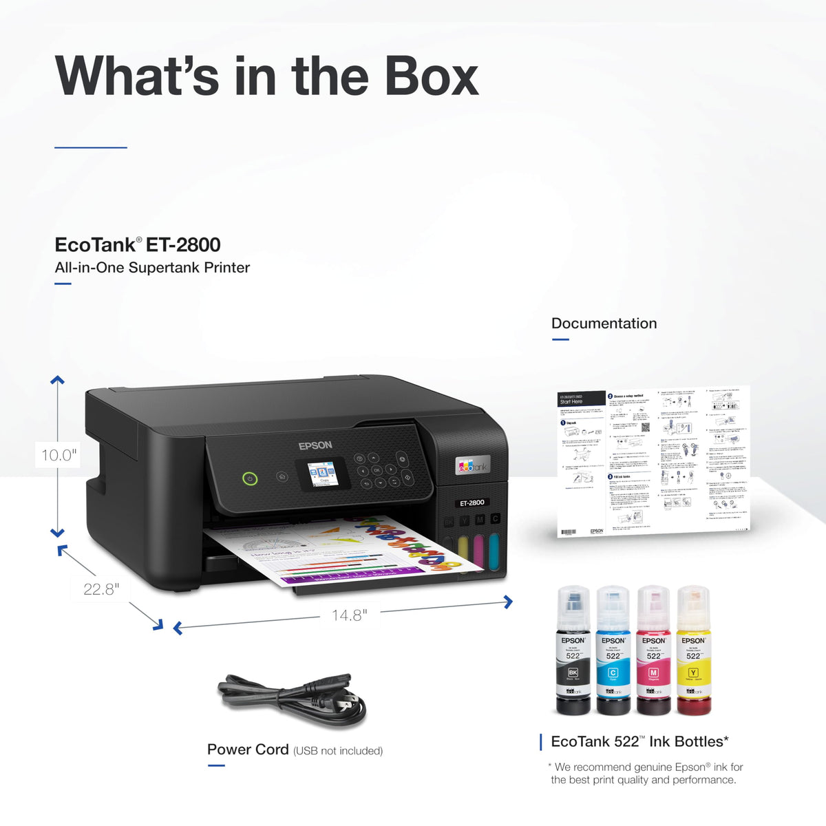Epson EcoTank ET-2800 Wireless Color All-in-One Cartridge-Free Supertank with Scan and Copy, The Ideal Basic Home Printer - Black
