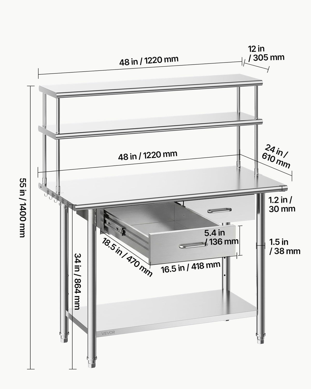 VEVOR Stainless Steel Work Table, 24x48 Inch Food Prep Table with Overshelves and 2 Drawers, Commercial Kitchen Workstation with Adjustable Undershelf, Metal Utility Worktable, for Restaurant Garage