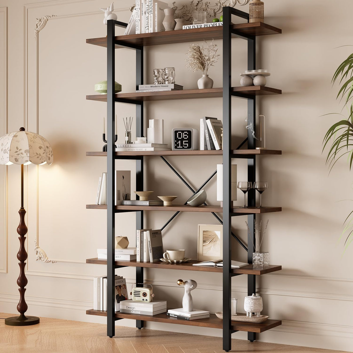 LZ-DONGMAN Bookshelf, Industrial Style Bookcase, Book Rack, Storage Rack Shelves in Living Room/Home/Office, Books Holder Organizer for Books/Movies (6-Tiers)